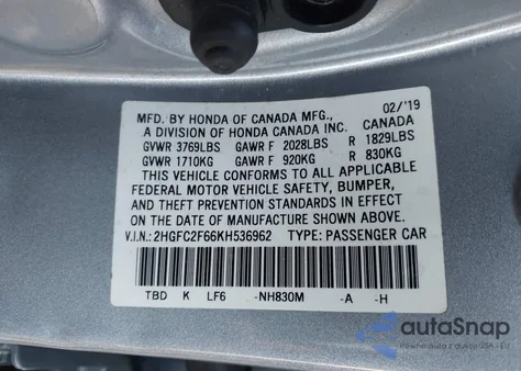 2019 Honda Civic Lx z USA, uszkodzony, nr VIN 2HGFC2F66KH536962